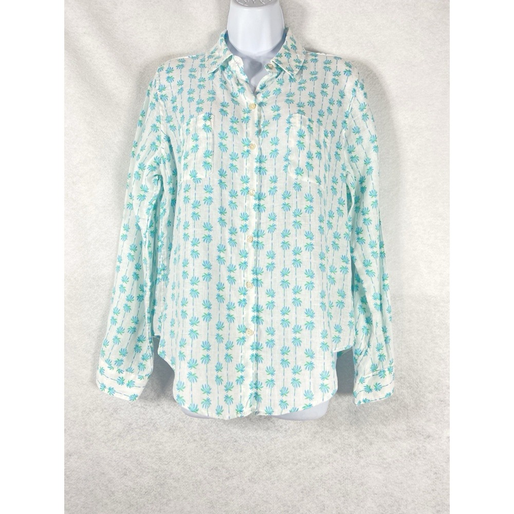 Lilly Pulitzer Shirt Women's Small White Green Button Up 100% Linen Palm Trees